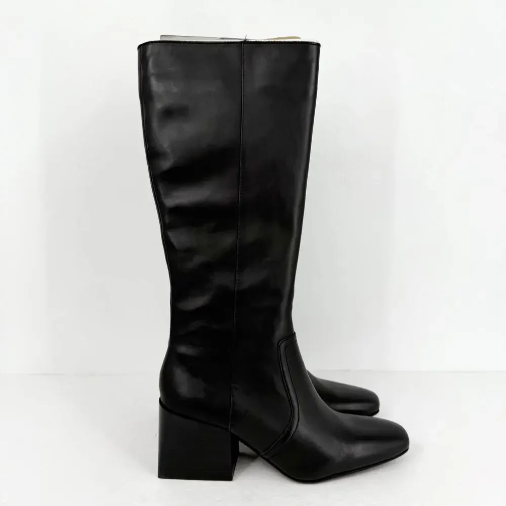 Blondo Black Tall Leather Knee Boots with Block Heel